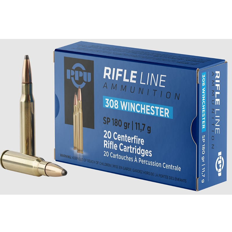 PPU .308 Win Soft Point 180 Grain Centerfire Ammo, 20 Rounds, Brass Case