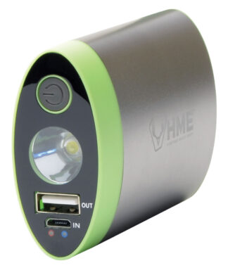HME HW Hand Warmer with Light, ABS Plastic Silver/Green Accent Rechargeable 4400mAh