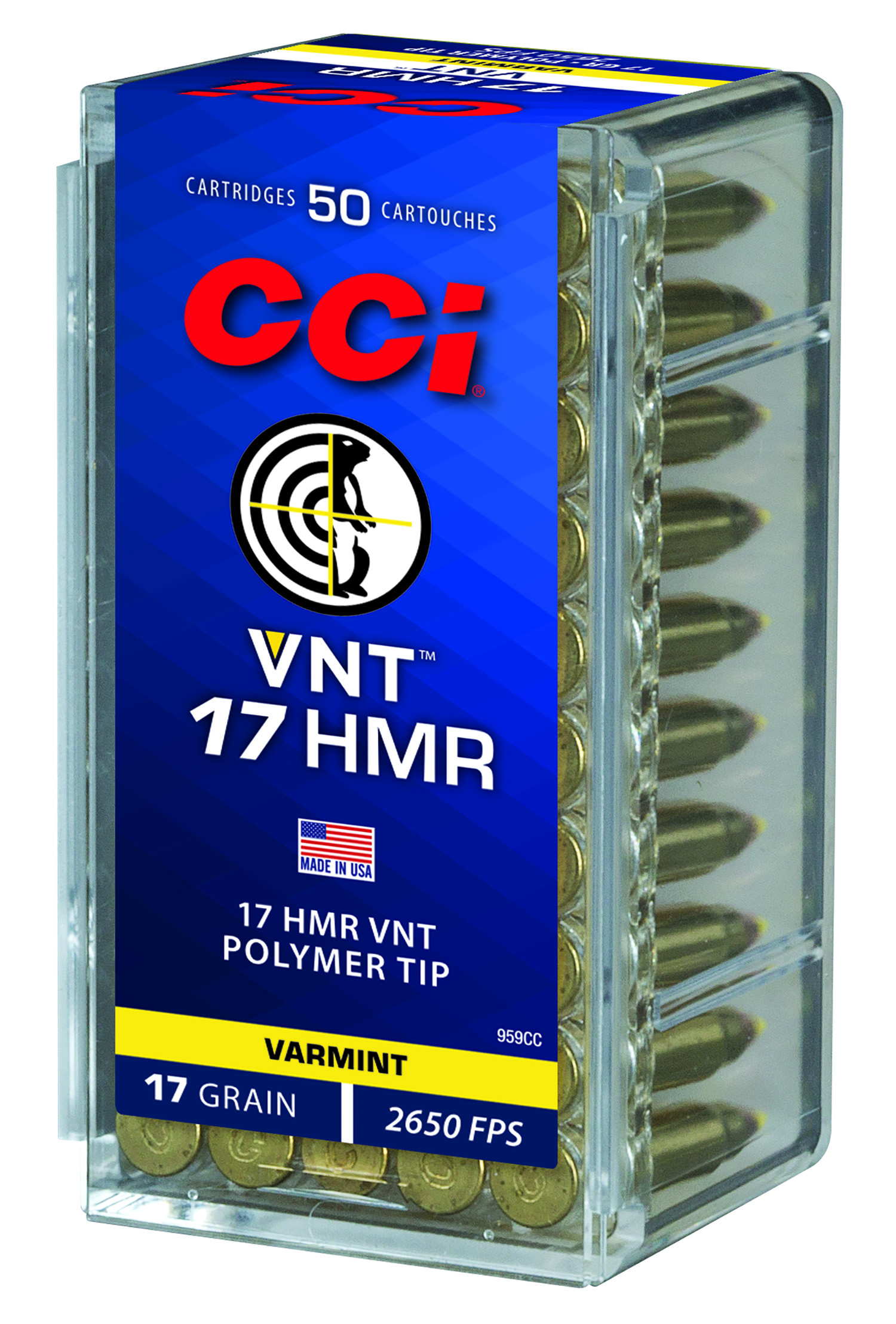 CCI 959CC VNT Varmint Tipped 17 HMR 17 gr Brass (50 Rounds)