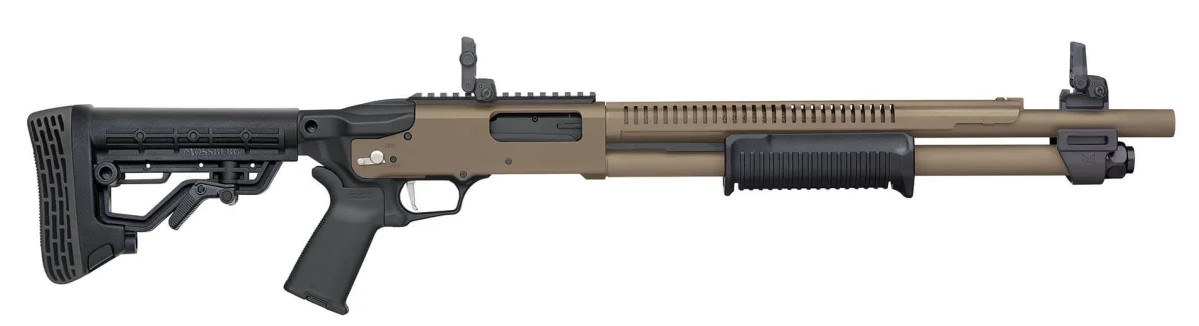 Mossberg 590R 12 Gauge Pump Shotgun - FDE/Black w/Picatinny