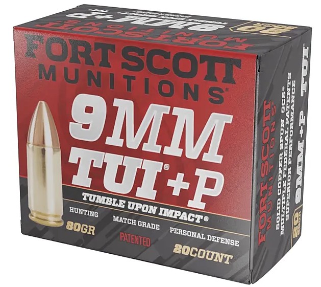 Fort Scott Munitions 9mm+P TUI Solid Copper 80 Grain Ammunition, 20 Rounds