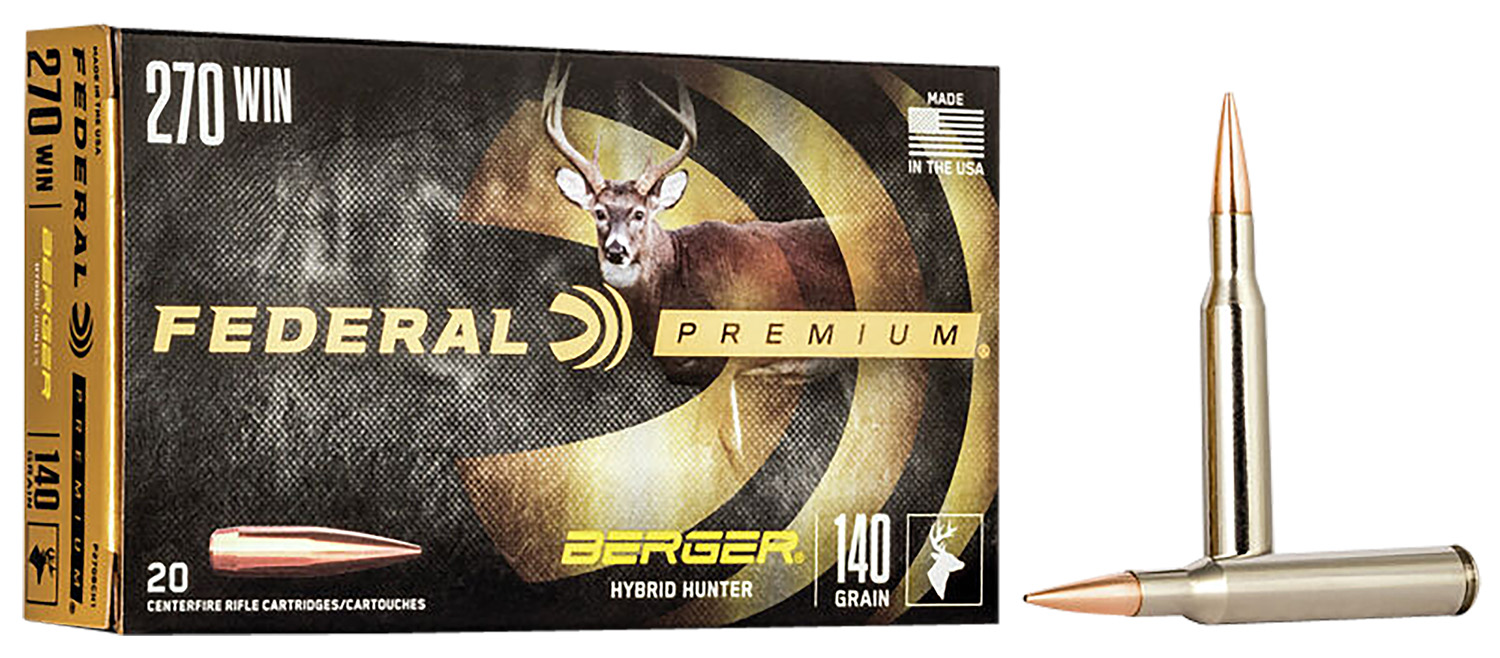 Federal Premium .270 Winchester 140 gr Berger Hybrid Hunter Rifle Ammo, 20 Rounds Per Box