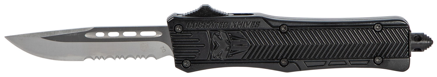 Cobratec CTK-1 Small 2.75" OTF Drop Point Serrated D2 Blade, Black Aluminum Handle with Glass Breaker