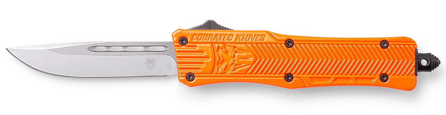 Cobratec CTK-1 OTF Knife, 2.75 in D2 Drop Point Blade, Orange Aluminum Handle