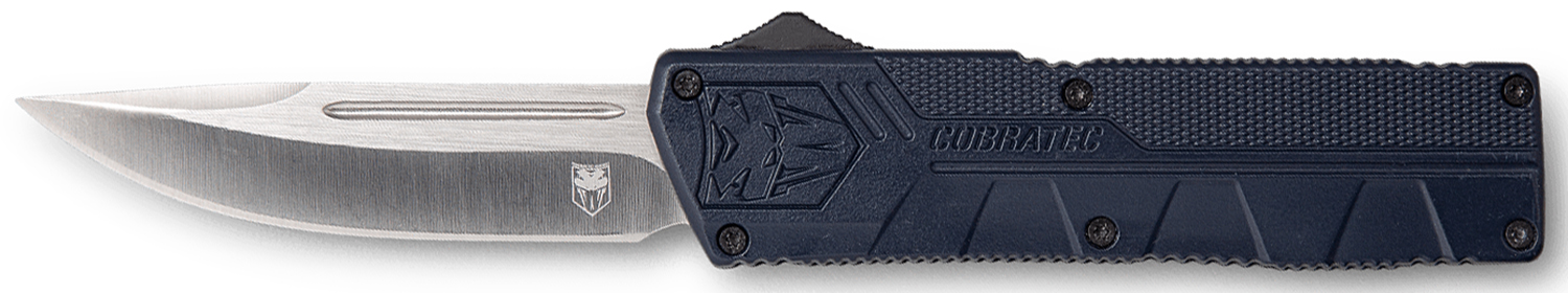 Cobratec Knives Lightweight OTF 3.25 in D2 Steel Blade, NYPD Blue Aluminum Handle