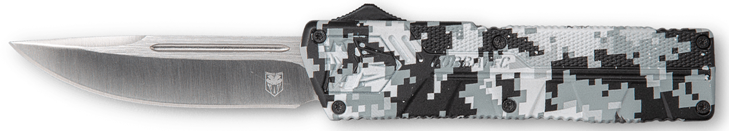 Cobratec Knives Lightweight OTF 3.25 in D2 Steel Drop Point Blade Winter Digi Camo Handle