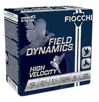 Fiocchi 12HV4 Field Dynamics High Velocity 12 Gauge 2.75 in #4 Lead Shot, 1-1/4 oz, 25 Rounds