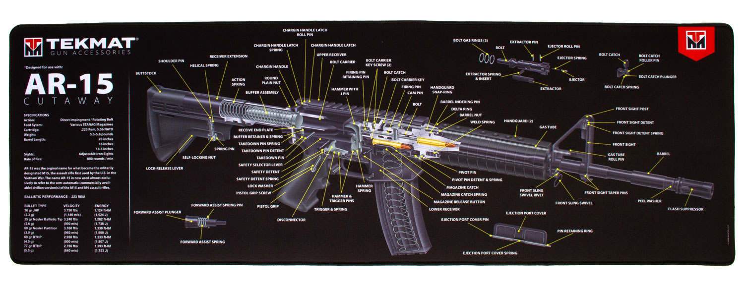 TekMat TEKR44AR15CA AR-15 Cleaning Mat, 15 x 44 in, Black/White Rubber with .25 in Padding