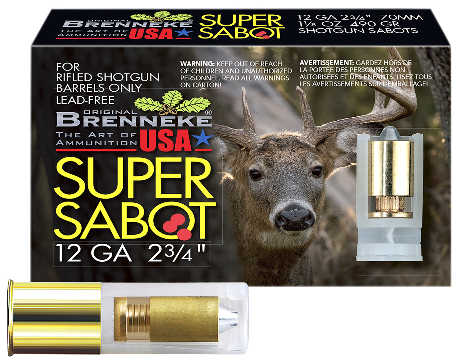Brenneke SuperSabot 12 Gauge 2.75 in Sabot Slug, 1 1/8 oz, 5 Rounds Per Box