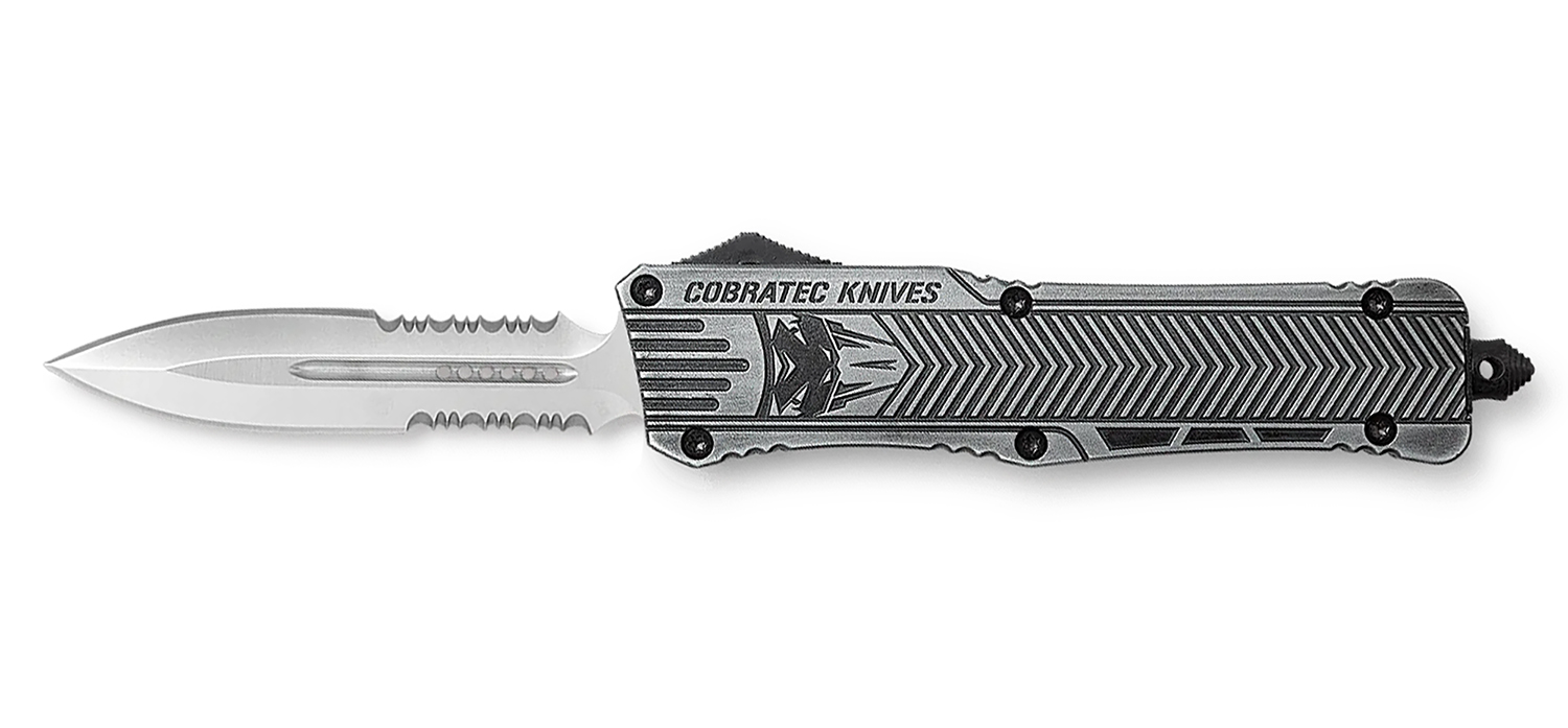 Cobratec CTK-1 Large OTF Dagger 3.75 in D2 Steel Part Serrated Blade Stonewashed Aluminum