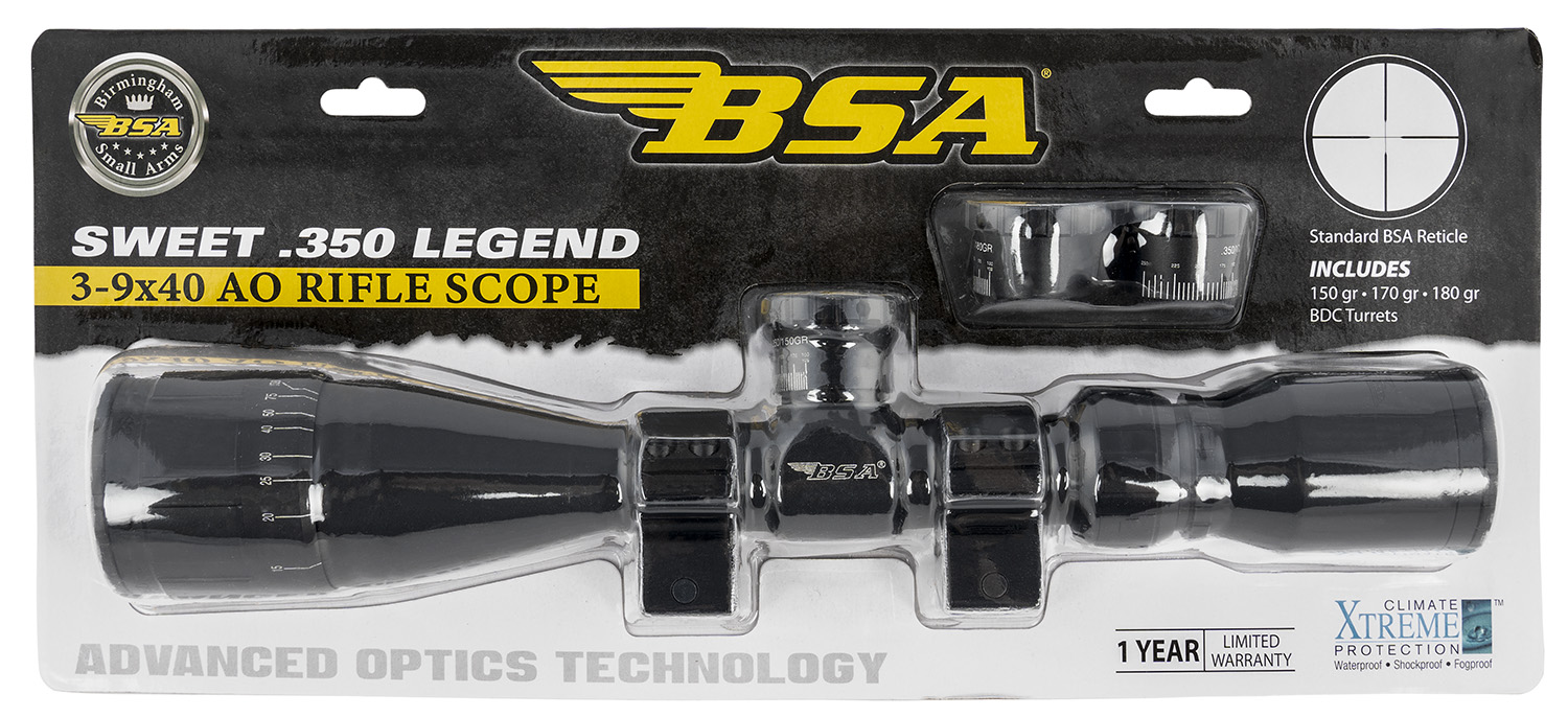 BSA Sweet 350 Legend 3-9x40 AO Rifle Scope, 30/30 Reticle, Matte Black, Weaver Rings