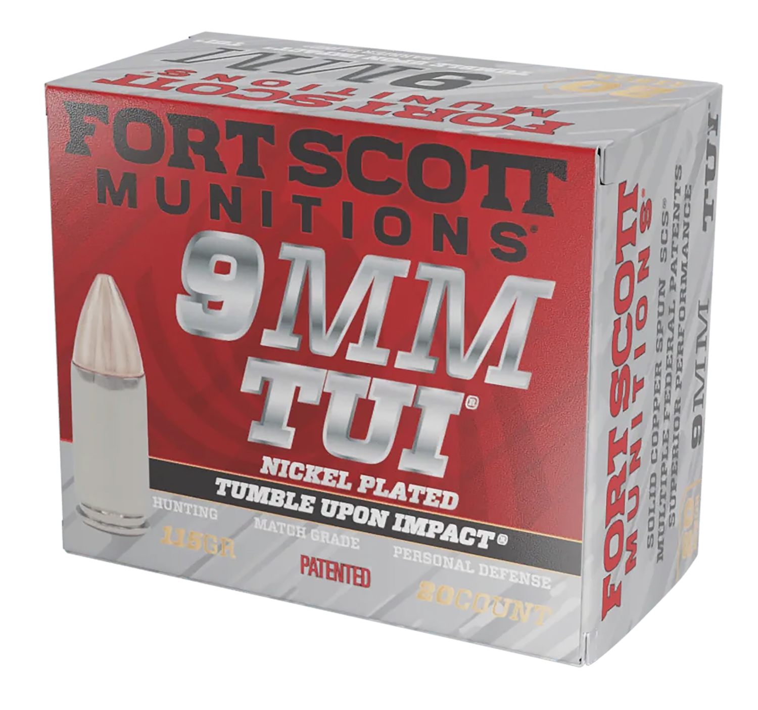 Fort Scott Munitions TUI 9mm 115 gr Solid Copper Spun 20 Rounds Per Box Nickel-Plated Brass