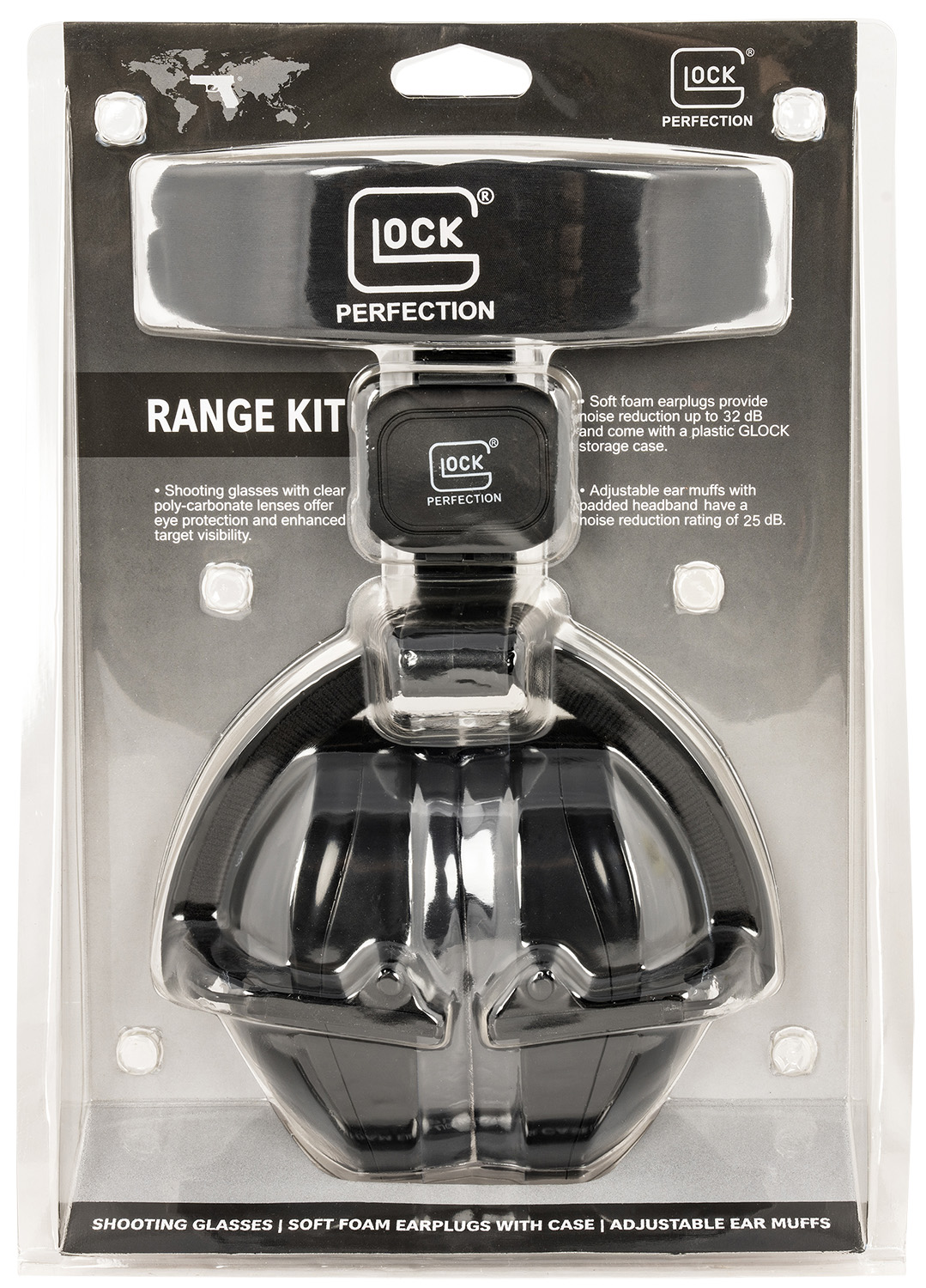 Glock AP60220 Range Kit 25 dB Padded Headband Adjustable Ear Muff, Clear Poly-Carbonate Shooter/Safety Glasses, 32 dB Foam Ear Plugs, Includes Cloth Pouch & Ear Plug Case