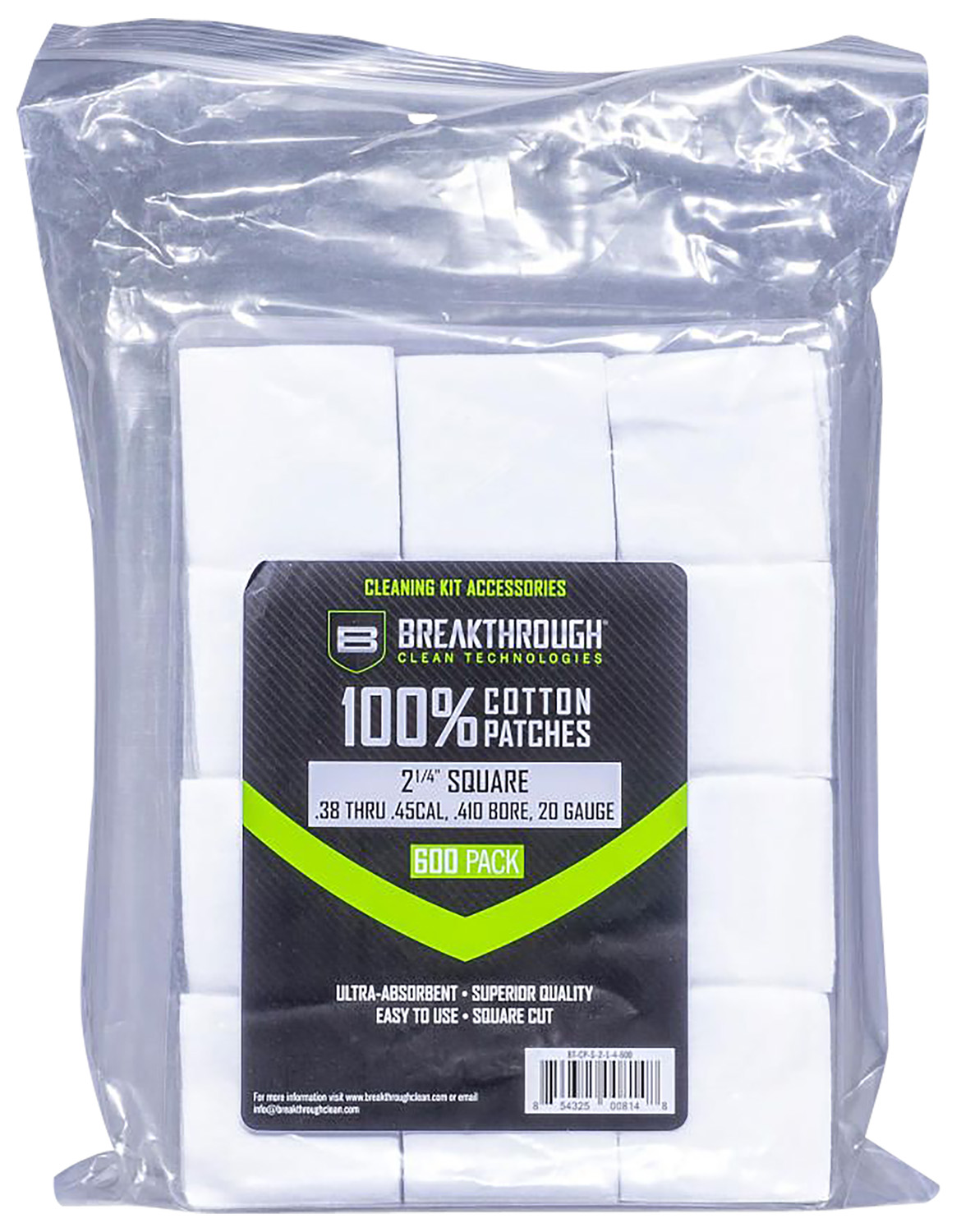 Breakthrough Clean Technologies Cotton Knit Square Patches, 2 1/4 in, .38-.45 Cal/.410-20 Ga, 600-Pack