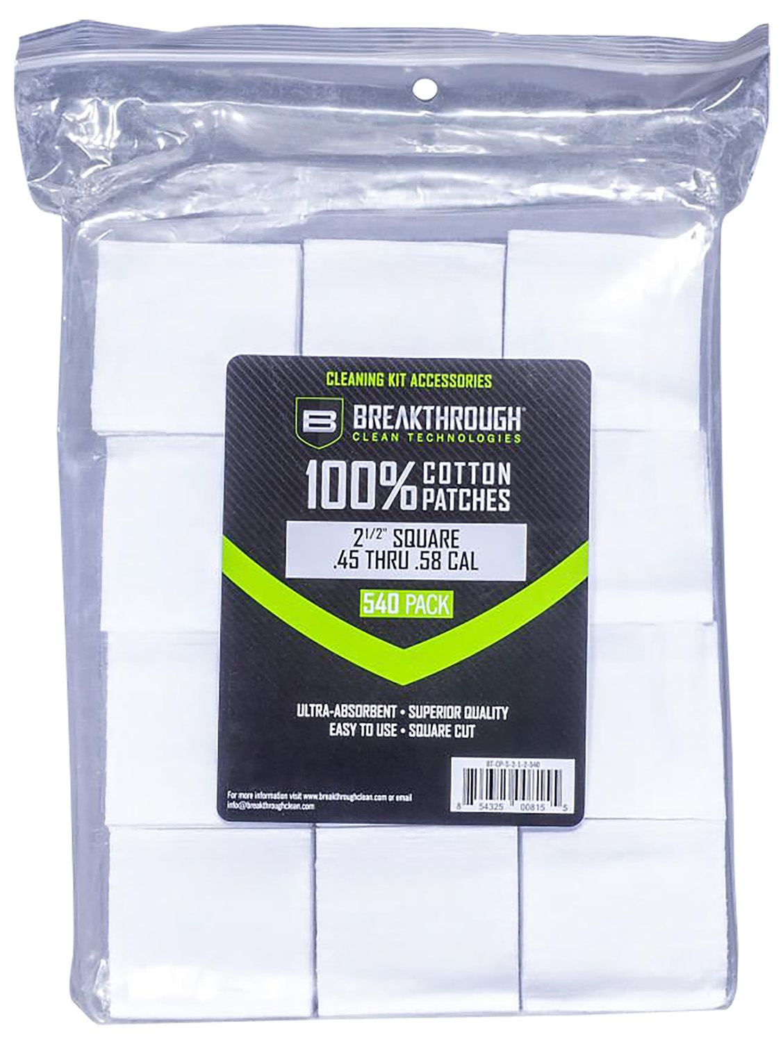 Breakthrough Clean Technologies Cotton Patch Square, 2 1/2 in Pre-Cut, .45-.58 Cal, 540 Pack