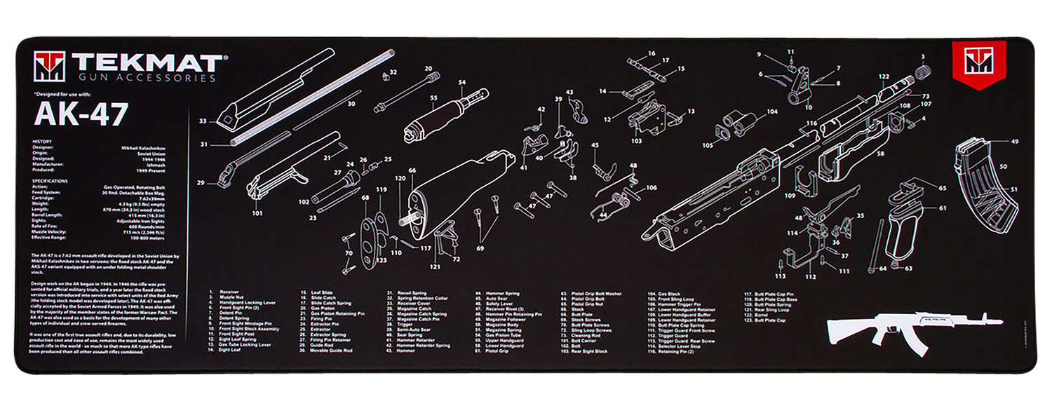 TekMat Ultra 44 AK-47 Cleaning Mat, Black with White Parts Diagrams, 12 in x 36 in