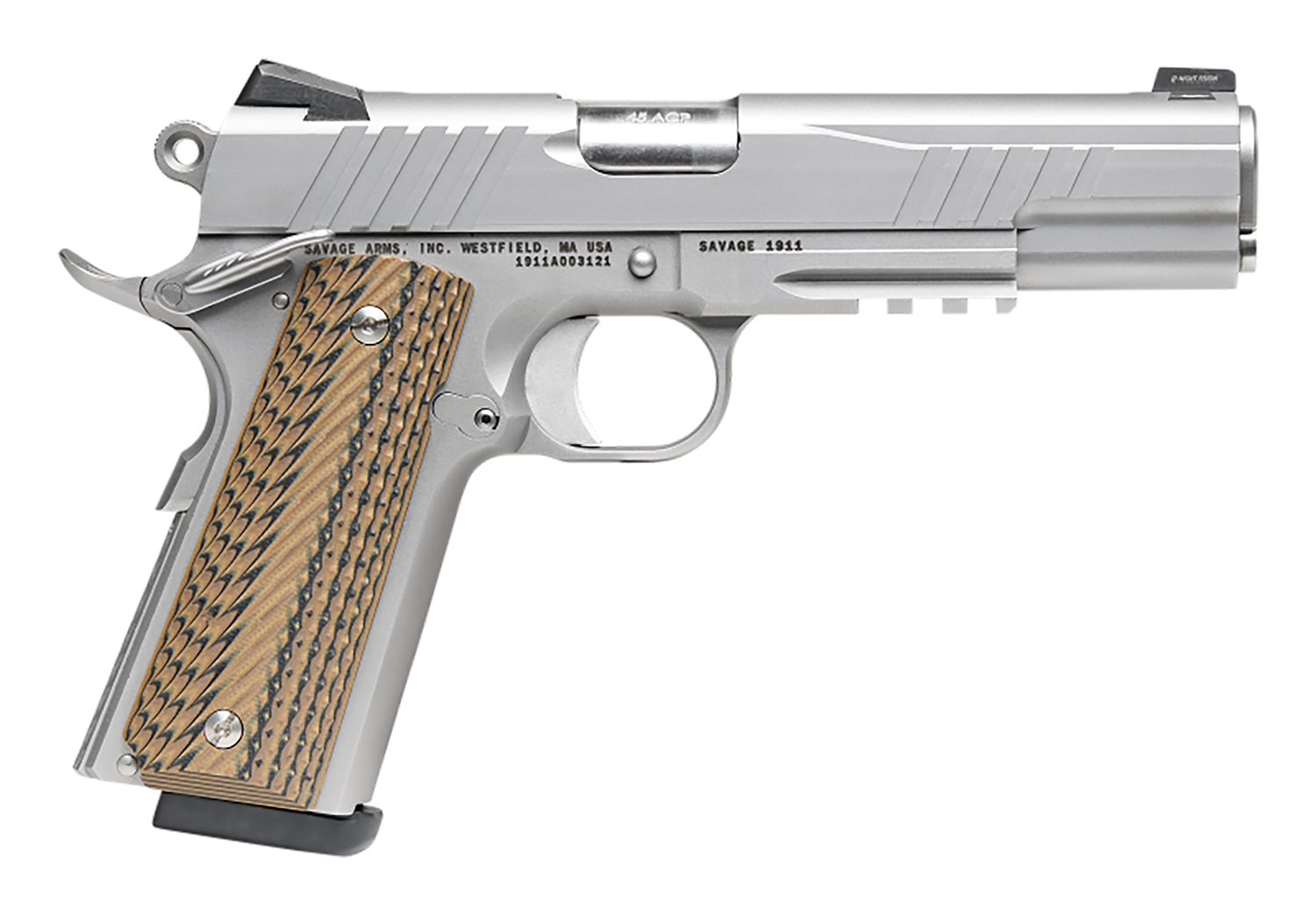 Savage Arms 67209 1911 Government 9mm Luger 10+1 5" Stainless Target Crown Steel Barrel, Serrated Stainless Steel Slide & Frame w/Beavertail & Picatinny Rail, Hyena Brown G10 Grip, Ambidextrous