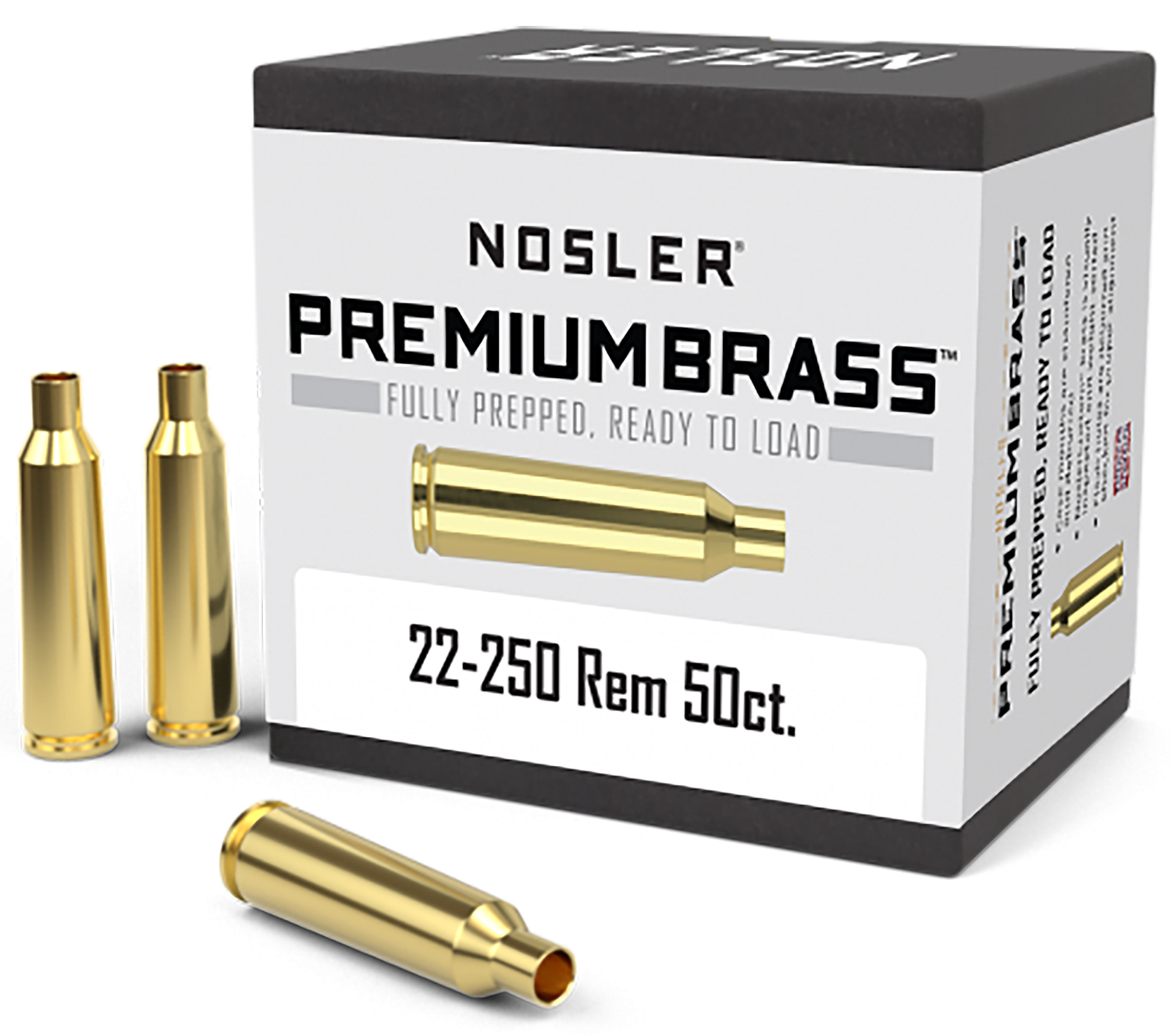 NOSLER 10065 Custom Brass .22-250 Rem Unprimed Rifle Cases, 50/Box