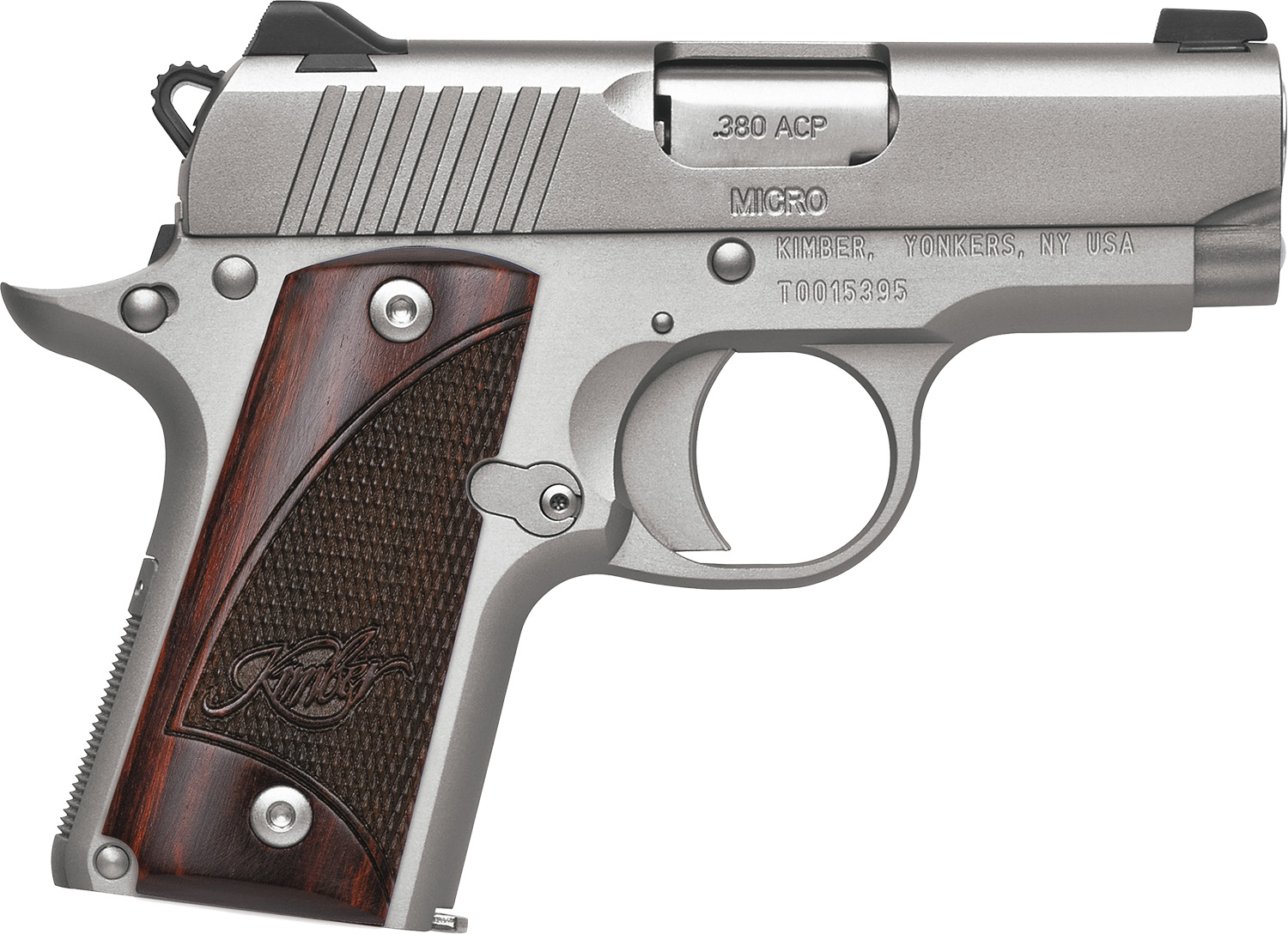 Kimber Micro380 Semi-Auto Pistol, .380 ACP, 2.75 in Barrel, Satin Silver Slide, Rosewood Grips