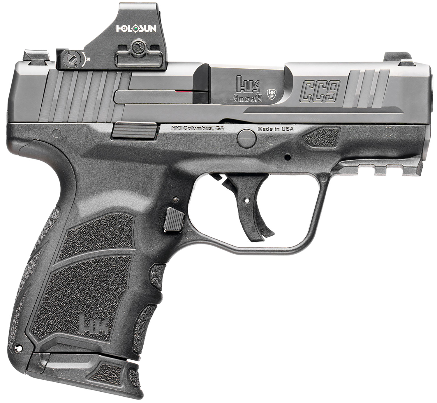 HK 81001132 CC9 9mm Luger 10+1 3.32" Black Polygonal Rifled Barrel, Optic Ready RMSc/407k Footprint/Serrated Steel Slide, Polymer Frame w/Picatinny Rail, Black Interchangeable Backstrap Grip