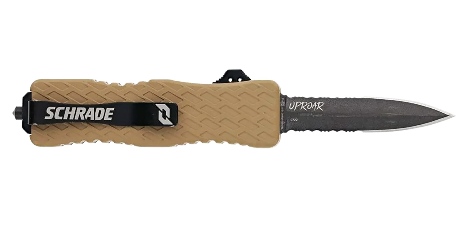 Schrade Uproar Tactical OTF Automatic 3 in Partially Serrated D2 Steel Blade, Flat Dark Earth Aluminum