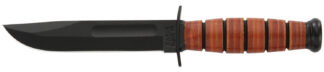 Ka-Bar 1250 Short USMC Fixed Knife, 5.25 in 1095 Cro-Van Blade, Plain Black, Brown Leather, Sheath