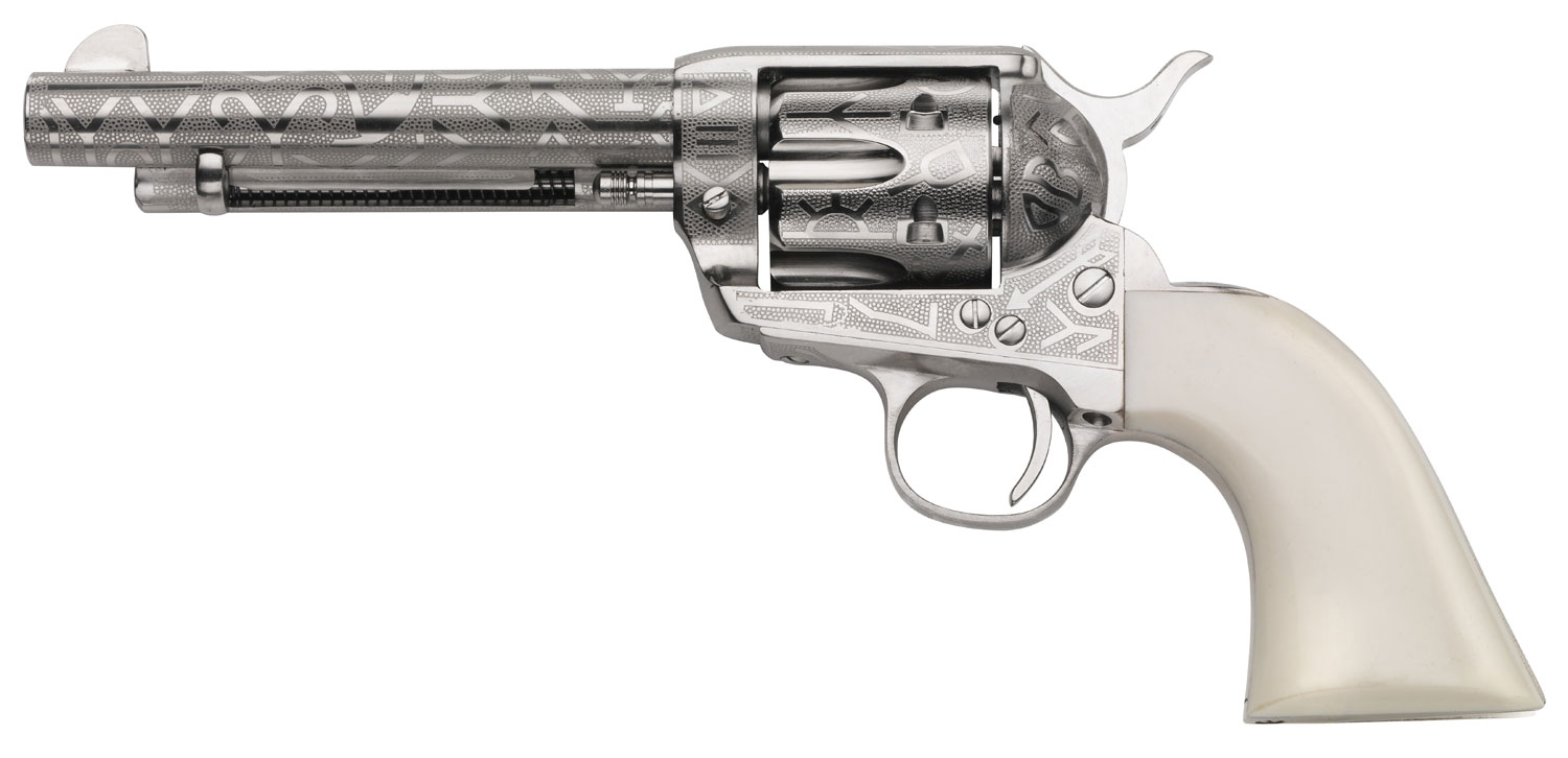 Taylors & Company 1873 Cattle Brand Pietta Single-Action Revolver, 5.5 in Barrel, Nickel Engraved, 6 Rounds