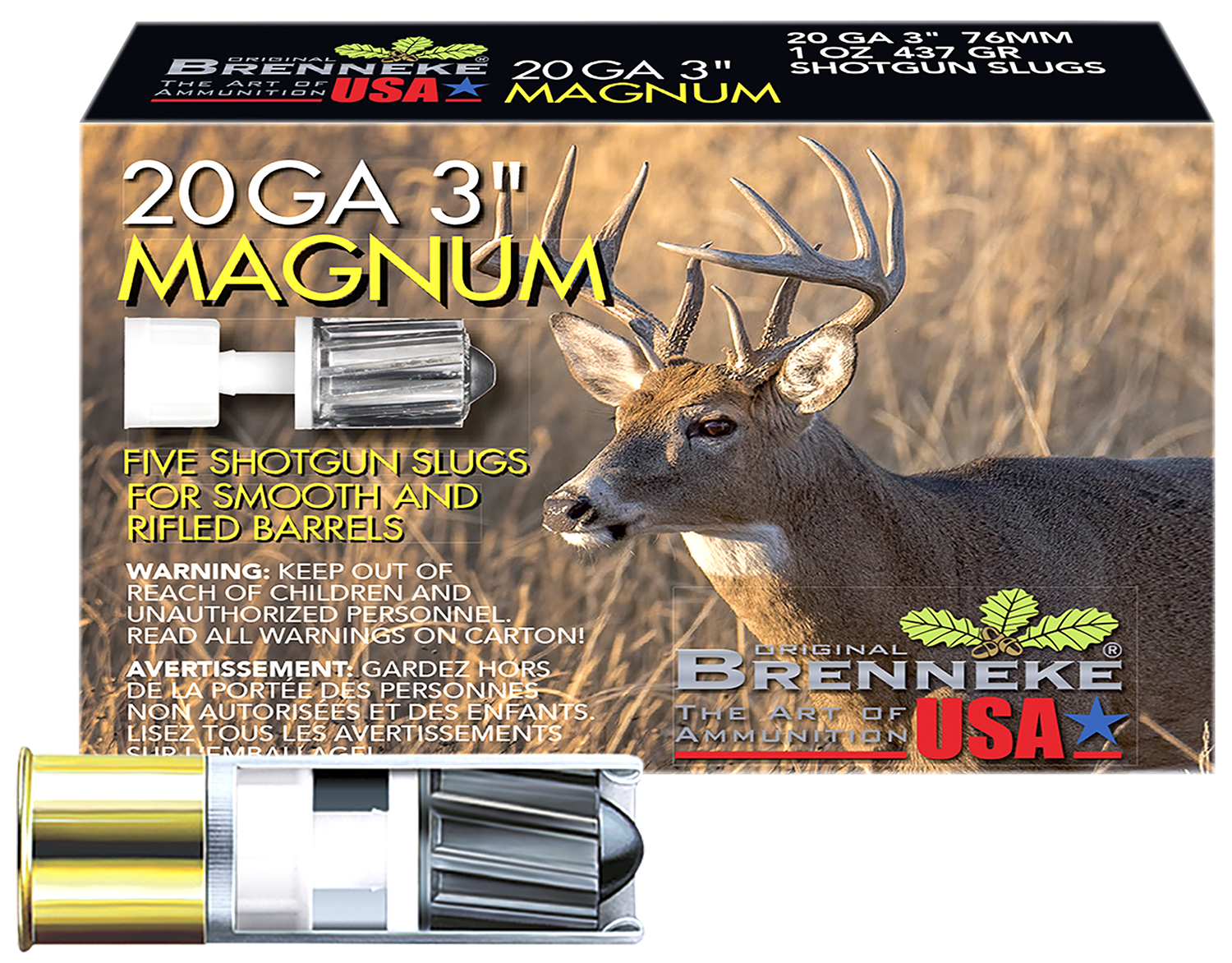 Brenneke SL203M Magnum 20 Gauge 3 in 1 oz Slug 5 Rounds Per Box