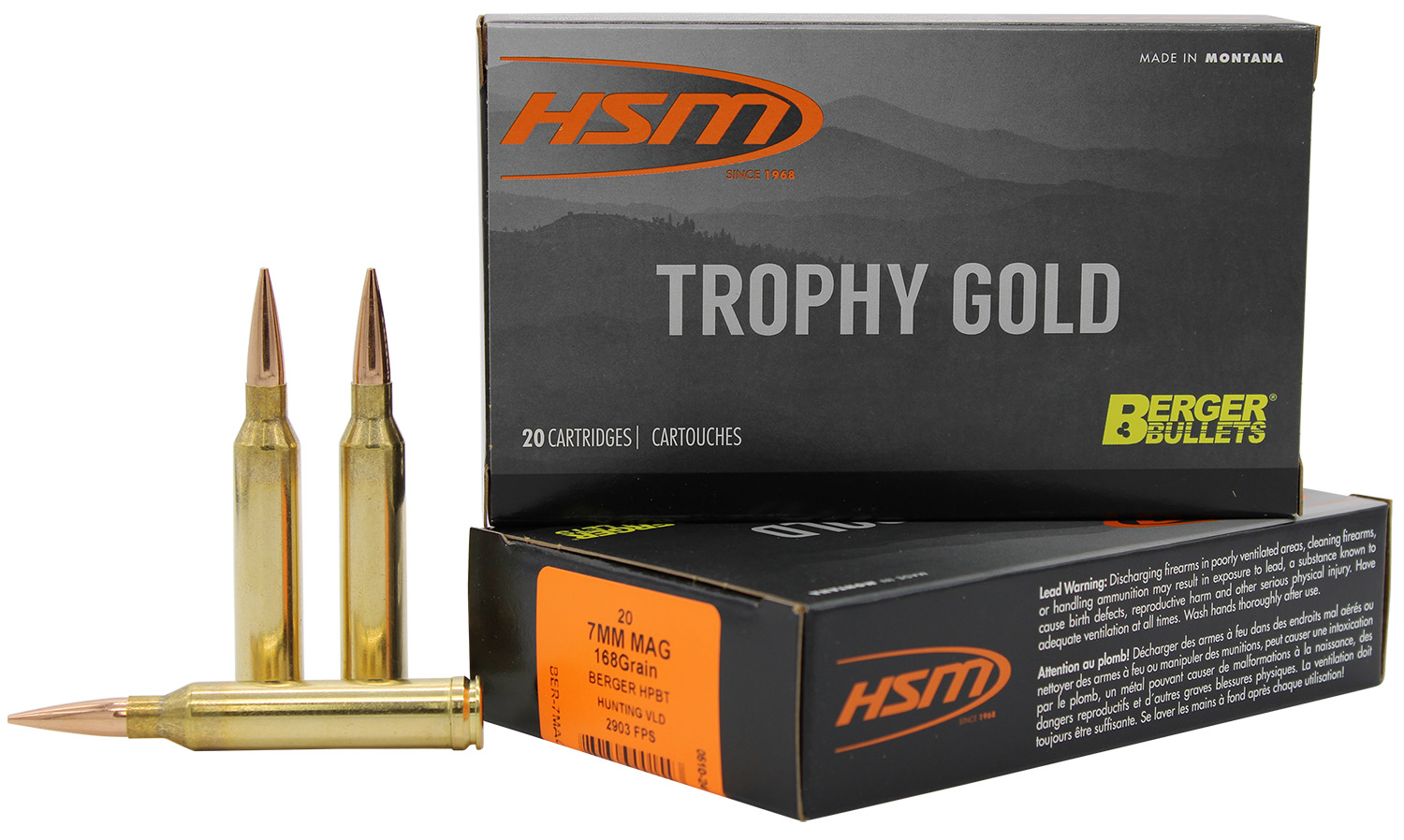 HSM Trophy Gold 7mm Remington Magnum 168 gr Berger VLD Match HPBT, 20 Rounds
