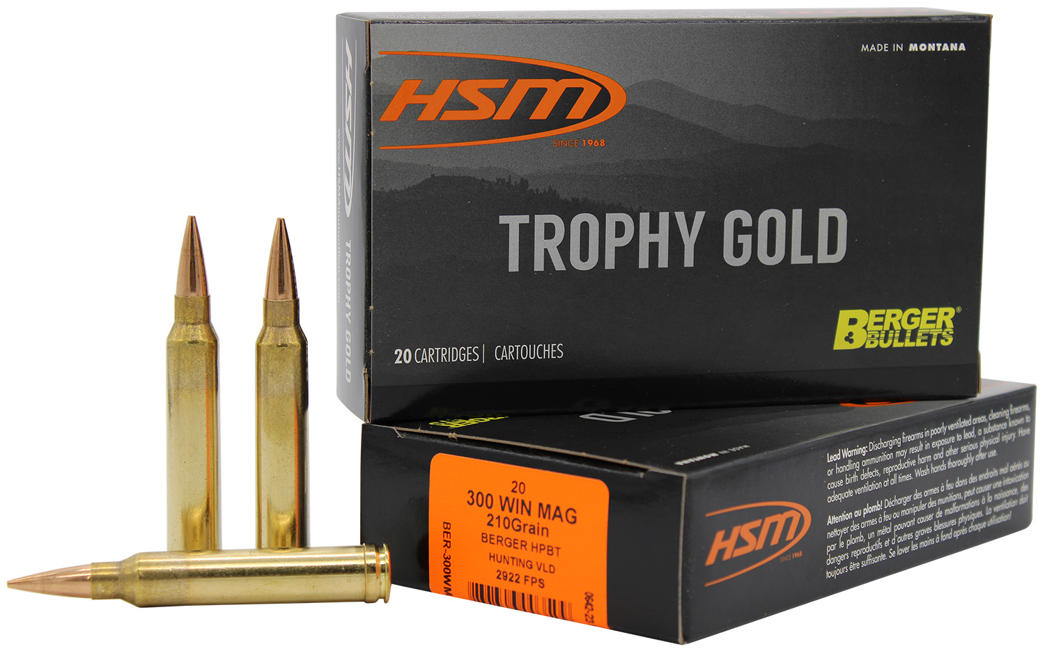 HSM Trophy Gold Extended Range .300 Winchester Magnum 210 gr Berger VLD Hunting Match Ammo, 20 Rounds