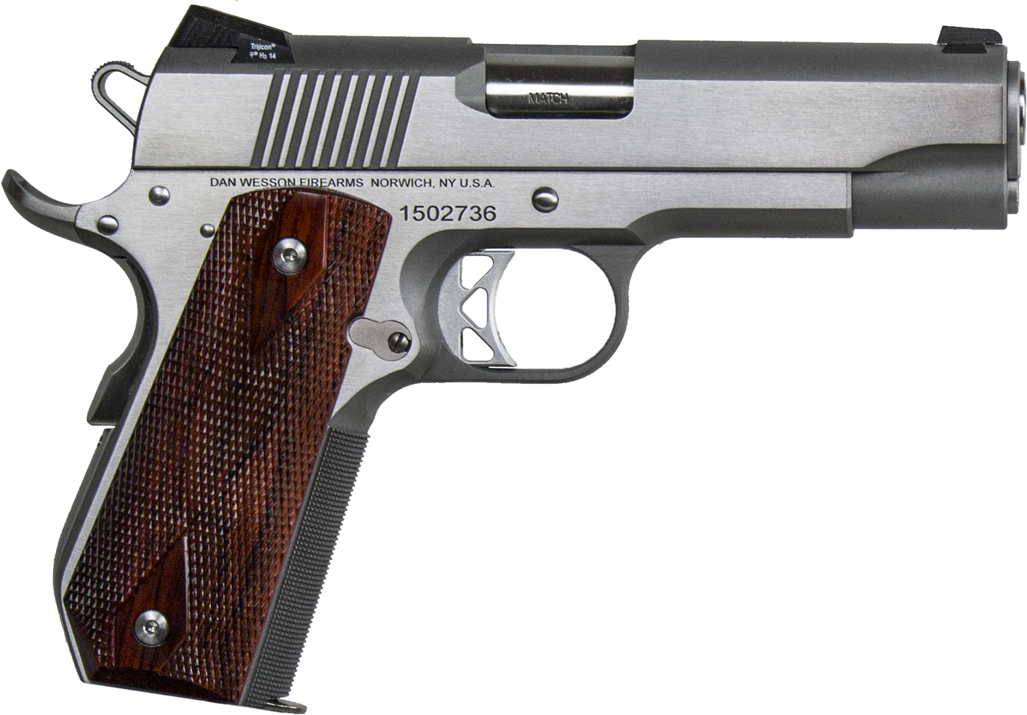 Dan Wesson 01912 Commander Classic *CA Compliant 45 ACP 8+1 4.25" Stainless Match Grade Barrel, Brushed Stainless Steel Serrated Slide & Bobtail Frame, Wood Grip, Ambidextrous