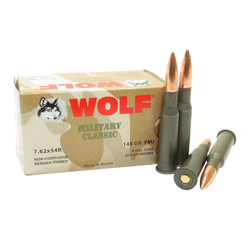 Wolf Military Classic 7.62x54R 148gr FMJ Ammunition, 2740 fps, Bimetal Casing, 20 Rounds
