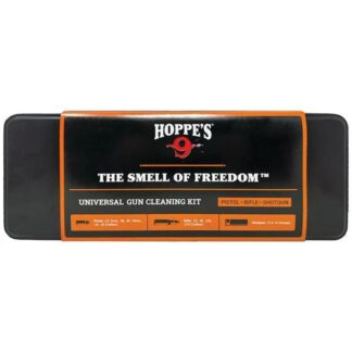 Hoppe's Universal Gun Cleaning Kit Includes Brushes, Jags, Rod, Cleaner, Oil, and Patches, packaging view