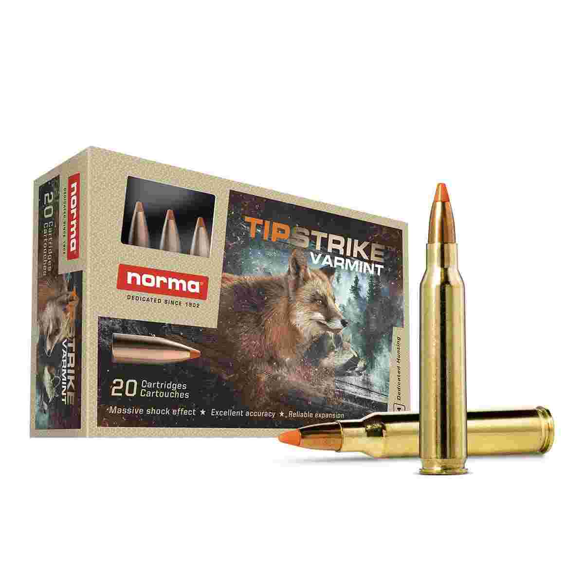 Norma TipStrike .223 Rem 55 gr Varmint Rifle Ammo, Brass Case, 20 Rounds