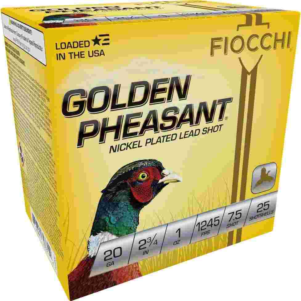 Fiocchi Golden Pheasant 20 Gauge 2.75 in #7.5 1 oz Nickel-Plated Lead Shot, 25 Rounds