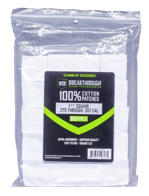 Breakthrough Clean Technologies Cotton Patches 1-3/4 in Square, 270 to 357 Caliber, 500-Pack