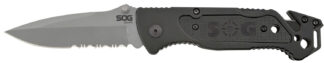 S.O.G SOG-FF24-CP Escape 3.40" Folding Clip Point Part Serrated Bead Blasted 9Cr18MoV SS Blade Black Anodized Aluminum Handle Includes Belt Clip