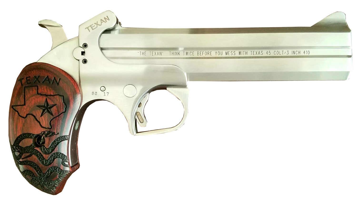 Bond Arms the Texan 45 Colt/.410 Derringer 2rd, 6in Stainless Double Barrel with Rosewood Grips