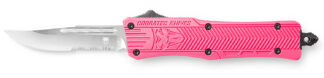Cobratec CTK-1 Small OTF Drop Point Knife, 2.75in D2 Serrated Blade, Pink Aluminum Handle