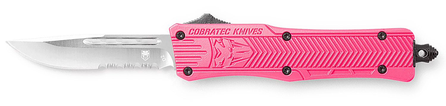 Cobratec CTK-1 Small OTF Drop Point Knife, 2.75in D2 Serrated Blade, Pink Aluminum Handle