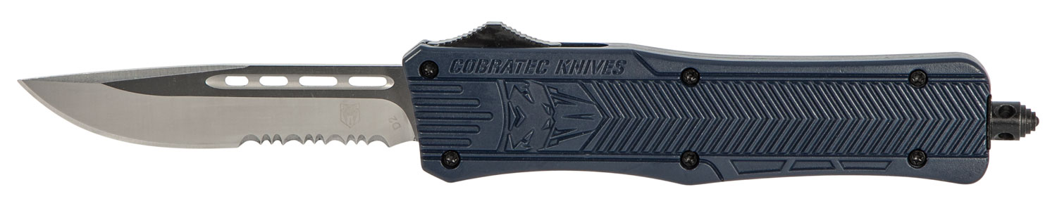 Cobratec Knives CTK-1 OTF 3 in D2 Steel Blade, Serrated Drop-Point, Aluminum Handle, NYPD Blue