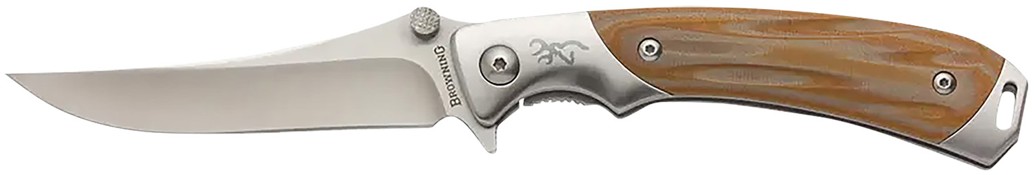 Browning Wicked Wing 3.50 Folding Trailing Point Knife, Satin 7Cr17MoV, Amber G10 Handle