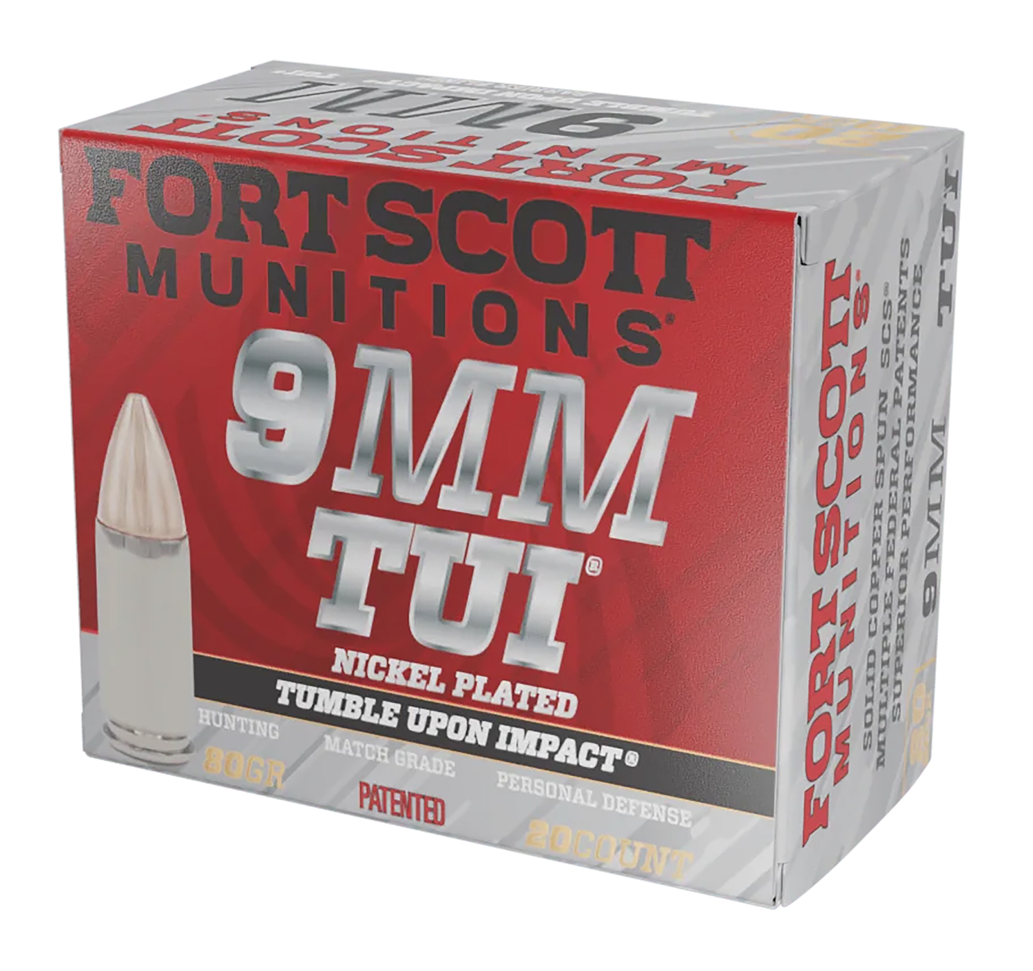 Fort Scott Munitions 9mm TUI 80gr Solid Copper Spun 20-Round Box Nickel-Plated Brass