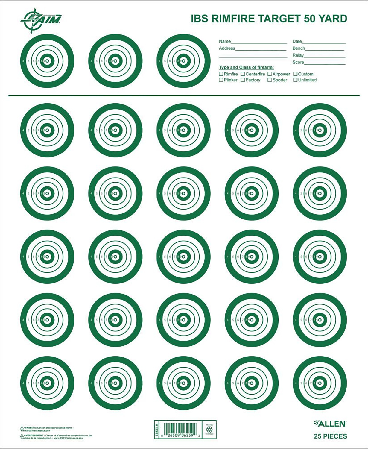 EZ-Aim IBS Rimfire Target 50-Yard 14 in x 17 in White/Green Non-Adhesive 25 Pack