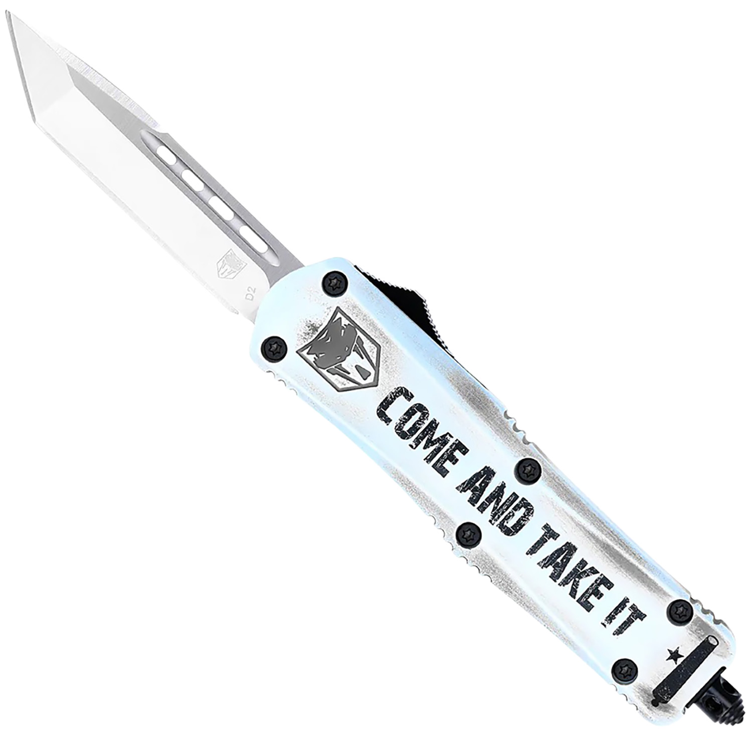 Cobratec Knives FS-3 3 in D2 Steel Tanto Dual-Action OTF Knife, Satin Blade, White Cerakoted Aluminum Handle
