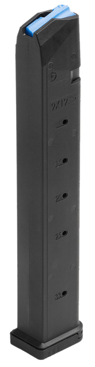 Leapers RBTGL933 9mm 33-Round Glock Double Stack Magazine, Matte Black Polymer with Blue Follower