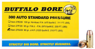 Buffalo Bore Ammunition 27G20 .380 ACP 90 gr Jacketed Hollow Point, 20 Rounds