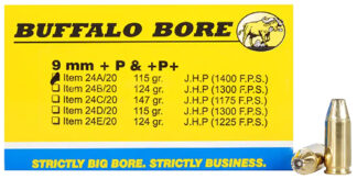 Buffalo Bore 24A20 9mm Luger +P+ 115 gr JHP, 20 Rounds Per Box