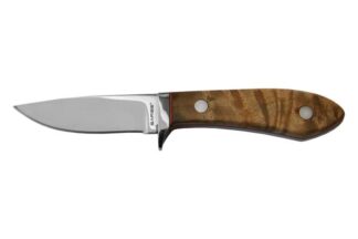 Sarge Knives TK Bird Knife 2.5 in 440C Stainless Mirror Polish, Maple Burlwood, Brown Leather Sheath