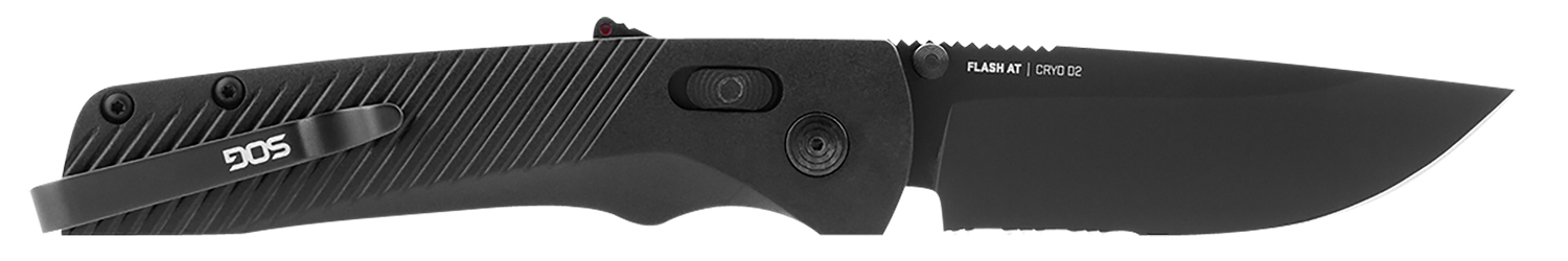 SOG Flash AT Assisted Folding Knife 3.45 in Cryo D2 Serrated Blade, Blackout GRN Handle